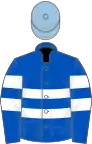 Royal blue, two white hoops, white armlets, light blue cap