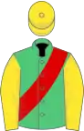 Emerald green, red sash, yellow sleeves and cap