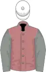 Salmon pink, grey sleeves, white cap
