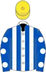 White and royal blue stripes, royal blue sleeves, white spots, yellow cap