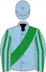 Light blue, green sash and striped sleeves