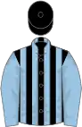 Black and light blue stripes, light blue sleeves, black cap