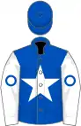 Royal blue, white star, white sleeves, royal blue circle, royal blue cap