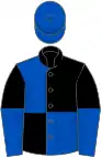 Blue, black quartered, blue sleeves, black halved, blue cap