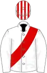 White, red sash, striped cap