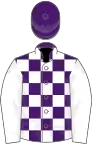 Purple and white checked, white sleeves, purple cap