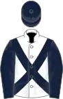 White, dark blue cross sashes and sleeves, dark blue cap