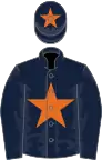 Dark blue, orange star, dark blue sleeves, dark blue cap, orange star