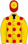 Yellow, red spots,yellow sleeves, yellow cap, red hoop