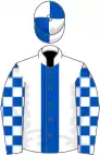 White, royal blue stripe, checked sleeves, quartered cap