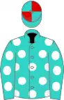 Turquoise, white spots, turquoise and red quartered cap