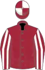 Maroon, white striped sleeves, quartered cap