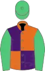 Orange and purple (quartered), emerald green sleeves and cap