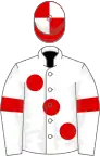 White, large red spots and armlets, red and white quartered cap