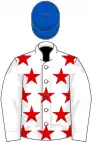 White, red stars on body, royal blue cap