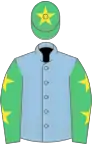 Light blue, emerald green sleeves, yellow stars, emerald green cap, yellow star