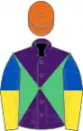 Purple and emerald green diabolo, royal blue and yellow halved sleeves, orange cap