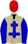 Beige, blue cross of lorraine, blue sleeves, red cap