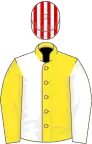 Yellow and White (halved), sleeves reversed, Red and White striped cap