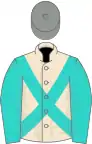 Champagen, turquoise cross-belts and sleeves, grey cap