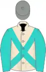 Champagne, turquoise cross-belts and sleeves, grey cap