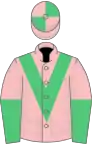Pink, emerald green chevron, halved sleeves, emerald green and pink quartered cap