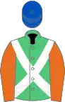 Emerald green, white cross belts, orange sleeves, royal blue cap