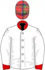 White, red collar and cuffs, tartan cap