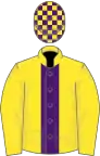 Yellow, purple stripe, check cap