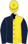 Dark blue and yellow (halved), dark blue sleeves, yellow cap