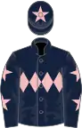 Dark blue, pink triple diamond, dark blue sleeves, pink stars, dark blue cap, pink star