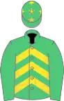 Emerald green, yellow chevrons on body, green cap, yellow stars