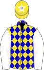 Yellow and blue diamonds, white sleeves, yellow cap, white star