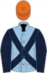 Light blue, dark blue cross belts and sleeves, orange cap