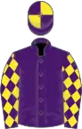 Purple, yellow diamonds on sleeves, quartered cap