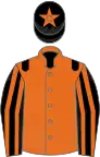 Orange, black epaulets, black and orange striped sleeves, black cap, orange star