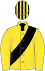 Yellow, black sash, striped cap