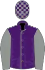 Purple, grey seams and sleeves, purple and grey check cap