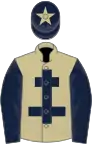 Beige, dark blue cross of lorraine and sleeves, dark blue cap, beige star