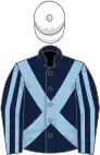 Dark blue, light blue cross sashes, striped sleeves, white cap