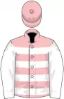 Pink and white hoops, white sleeves, pink cap