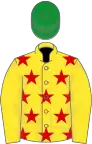 Yellow, red stars on body, green cap