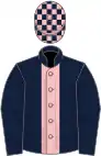 Dark blue, pink stripe, dark blue sleeves, pink and dark blue checked cap