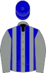 Grey, blue stripes on body, blue cap