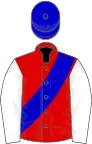 Red, blue sash, white sleeves, blue cap