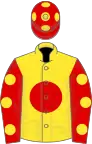 Yellow, red disc, red sleeves, yellow spots, red cap, yellow spots