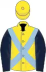 Yellow, light blue cross-belts, dark blue sleeves, yellow cap