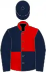 Red and dark blue (quartered), dark blue sleeves and cap