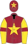 Maroon, yellow star on body and cap, yellow sleeves, maroon armlets