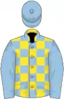 Yellow, light blue checked, light blue sleeves, light blue cap